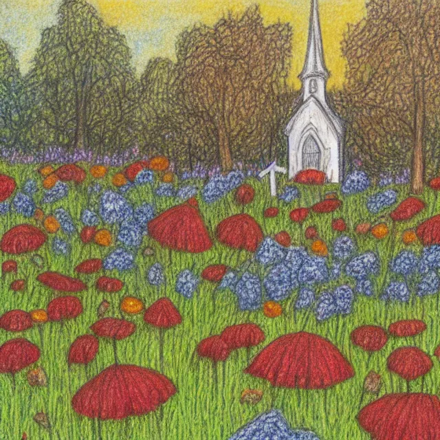 Image similar to graveyard with a church in a forest flower meadow landscape, colored pencil drawing