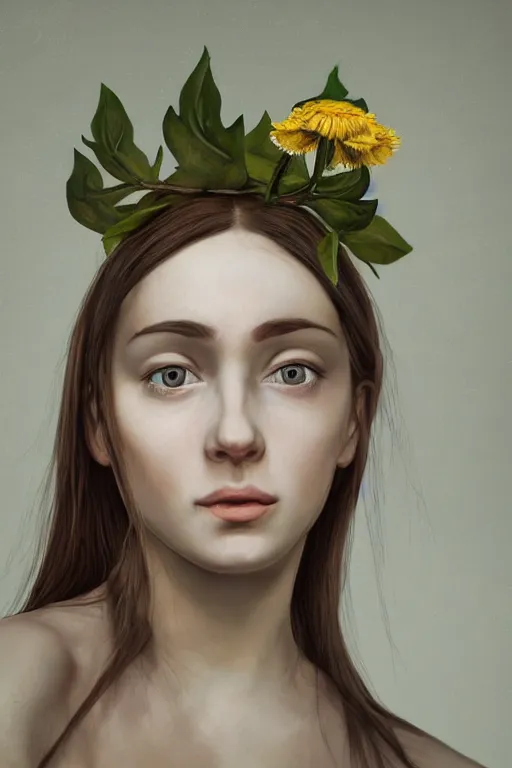Prompt: hyperrealism grim depressive extreme close-up portrait of beautiful medieval young female with flower in her head, in style of classicism