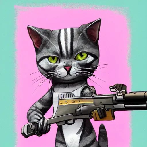 Prompt: cute grey cat with white stripes plays apex legends, holding gun, comic style, pink background