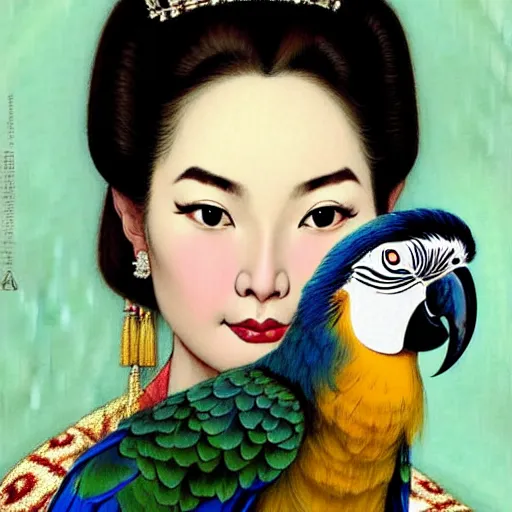 Prompt: close up portrait of the elegantly beautiful, sophisticated, slender rich vietnamese queen and her macaw parrot. intricate eye detail focus, baroque, batik, by norman rockwell, range murata jeremy lipking, trending on pinterest, vivid 8 k, sharp depth of field, pristine global illumination, smooth, 3 d.