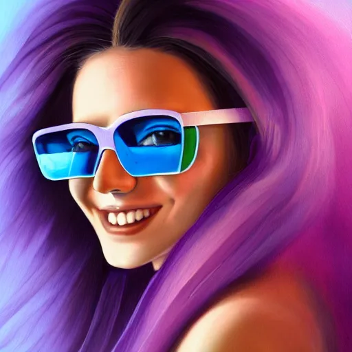 Image similar to closeup painting of a very beautiful young mexican cyberpunk woman with a smile, wearing light blue shutter shades, and a purple coloured leather jacket, one side haircut, long brown hair with light blue ends, portrait, hyperdetailed, artstation, cgsociety, synthwave by tangerine dream, by jean - michel jarre, by vangelis, by john carpenter