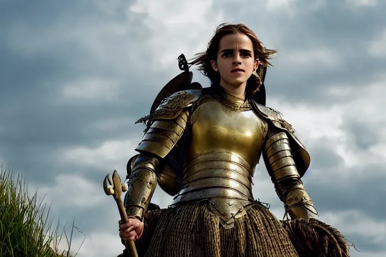 Prompt: promotional image of Emma Watson as Joan of Arc in the new movie directed by Terrence Malick, full suit of gilded plate armor, verdant green fields, god rays, detailed face, holding a sword, movie still, promotional image, imax 70 mm footage