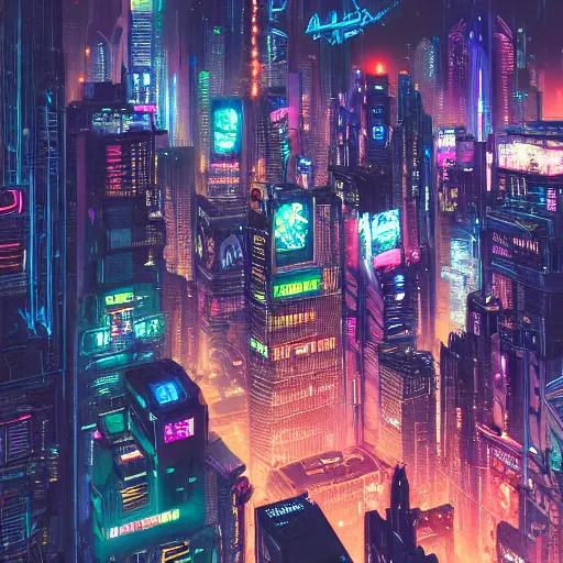 Prompt: cyberpunk city at night from above, neon glow, arstation, chill wave, detailed, maximalism, cluttered, busy, cinematic, cgsociety, smooth, beeply and greg rutkowski,