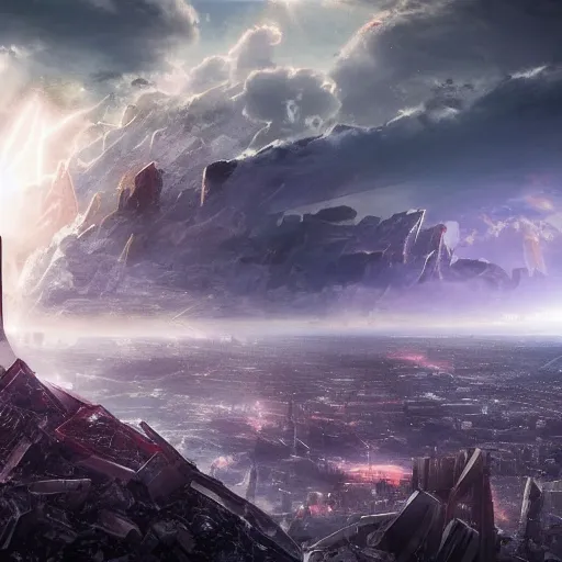 Prompt: the fall of god onto the earth caused by man, shattered earth, destroyed futuristic cities in the background, a gleaming tower in the horizon with light piercing the clouds, apocalyptic, atmospheric, high quality, high definition