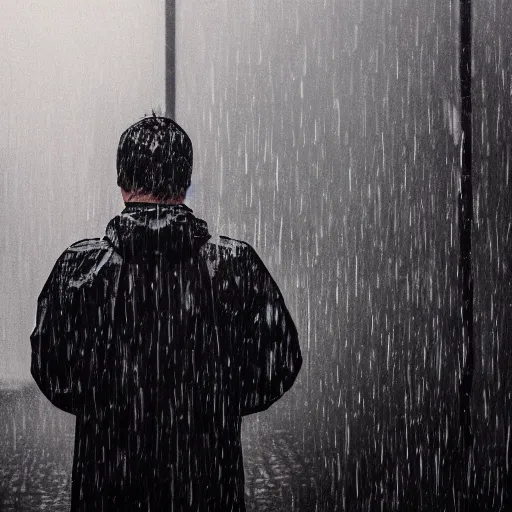 Image similar to a man in a black raincoat looking longingly outside at a torrential downpour of rain, moody lighting