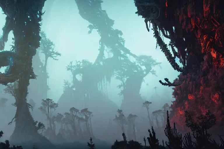 Image similar to wide epic shot from horizon forbidden west. a hyper detailed organic mechanic creatuve realistic similar look as horizon forbidden west horizon zero dawn, bioluminiscence in a dark deep forest at dawn in spring, with reflection and textures, by kilian eng, substance painter reaslitic mech surface metal painted scratches, world env from horizon forbidden west horizon zero dawn