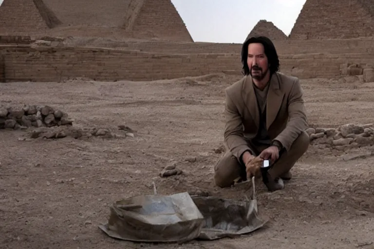 Image similar to film still of keanu reeves wearing an archaeological outfit sifting material at an ancient egyptian archaeological digsite