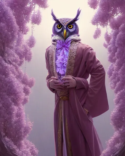 Image similar to anthropomorphic art of an owl king, in a lilac royal robe, by artgerm, victo ngai, ryohei hase, artstation, highly detailed digital painting, smooth, global illumination, fantasy art by greg rutkowsky, karl spitzweg, leyendecker