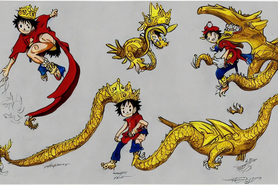 Prompt: concept sketches of a young luffy riding wearing a gold crown riding a large dragon by jamie hewlett, in the style of megaman