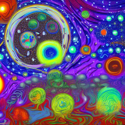 Prompt: psychedelic forest with planets and galaxies in the sky, digital painting, highly detailed