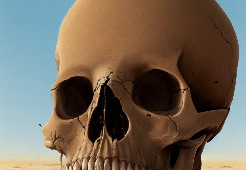 Prompt: close shot of a human skull buried in the sahara desert sand, a realistic digital painting by greg rutkowski and james gurney, trending on artstation, highly detailed