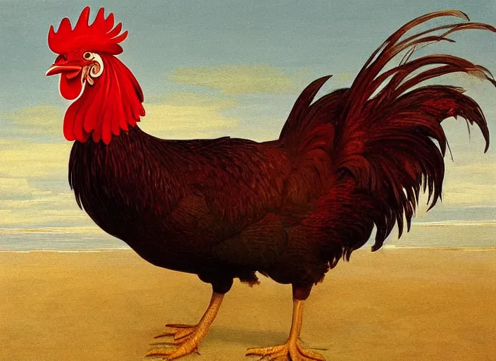 Image similar to rooster, beach, painting, fine art, hard edge painting, tonal colors, polychromatic - colors, by richard dadd