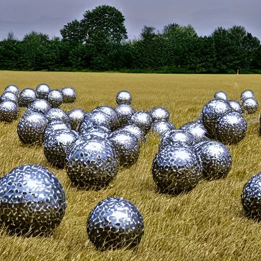 Prompt: field of metal balls