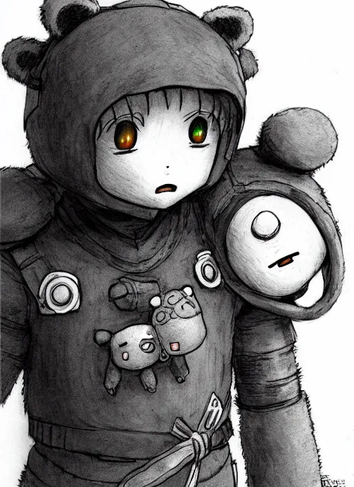 Image similar to beautiful little boy wearing an cyborg bear suit, artwork in kentaro miura and made in abyss and rosdraws, smooth, beautiful lightness, anatomically correct, trending on pixiv, forest