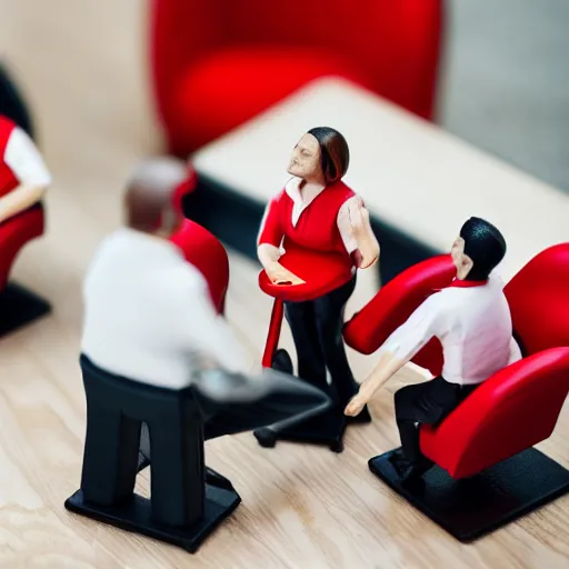 Prompt: celebrating office workers and red chairs board game macro photo