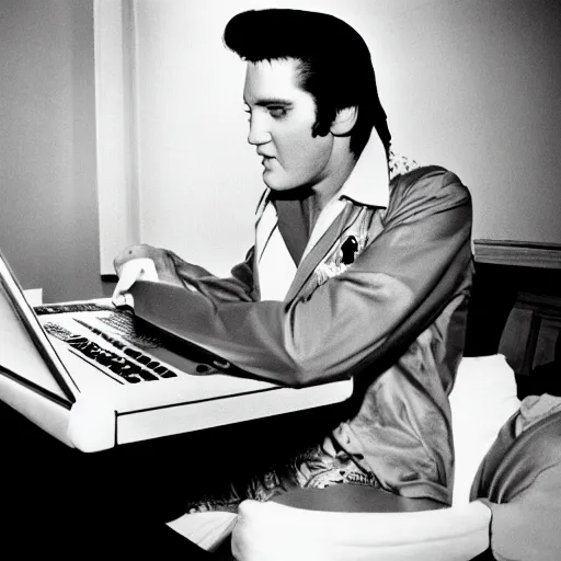 Image similar to Elvis Presley playing minecraft on his laptop, 30mm lens,