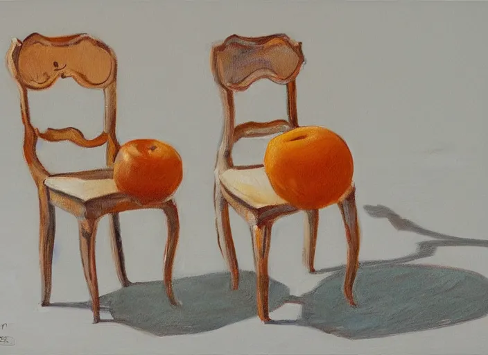 Prompt: a not finished painting by yvan goll showing two chairs having a conversation about apples or oranges. elegant, highly detailed, artstation, smooth, sharp focus