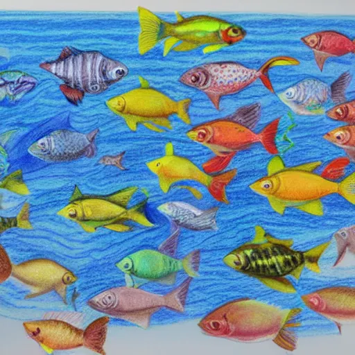 Image similar to school of fish jumping above water, color pencil sketch, maximalist, white background