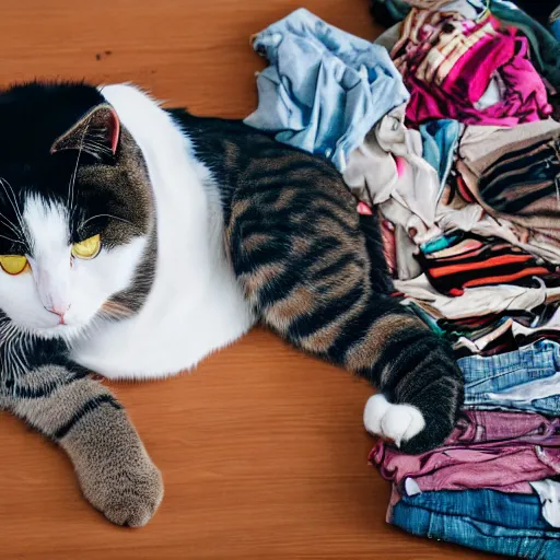 Prompt: a cat in a room full of clothes on the floor, detailed photo, Canon 5D, 50mm lens