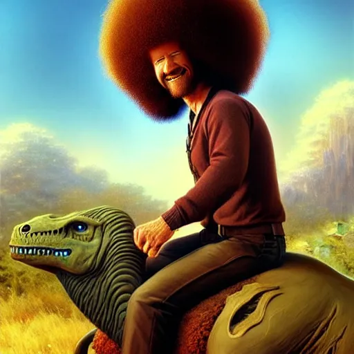 Image similar to bob ross!!! riding!!! a dinosaur!!, giant afro!, model pose, ultra realistic, concept art, intricate details, highly detailed, photorealistic, octane render, 8 k, unreal engine. art by artgerm and greg rutkowski and alphonse mucha