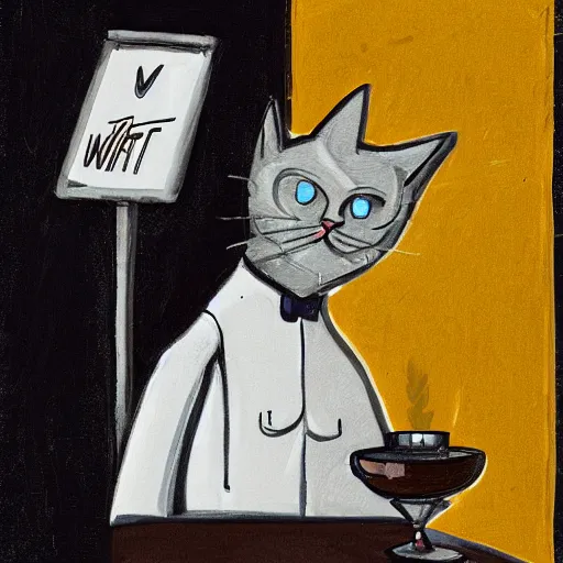 Image similar to waiter with a cat head, concept art