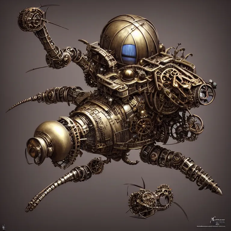 Prompt: steampunk robot fly, 3 d model, unreal engine realistic render, 8 k, micro detail, intricate, elegant, highly detailed, centered, digital painting, artstation, smooth, sharp focus, illustration, artgerm, tomasz alen kopera, peter mohrbacher, donato giancola, joseph christian leyendecker, wlop, boris vallejo