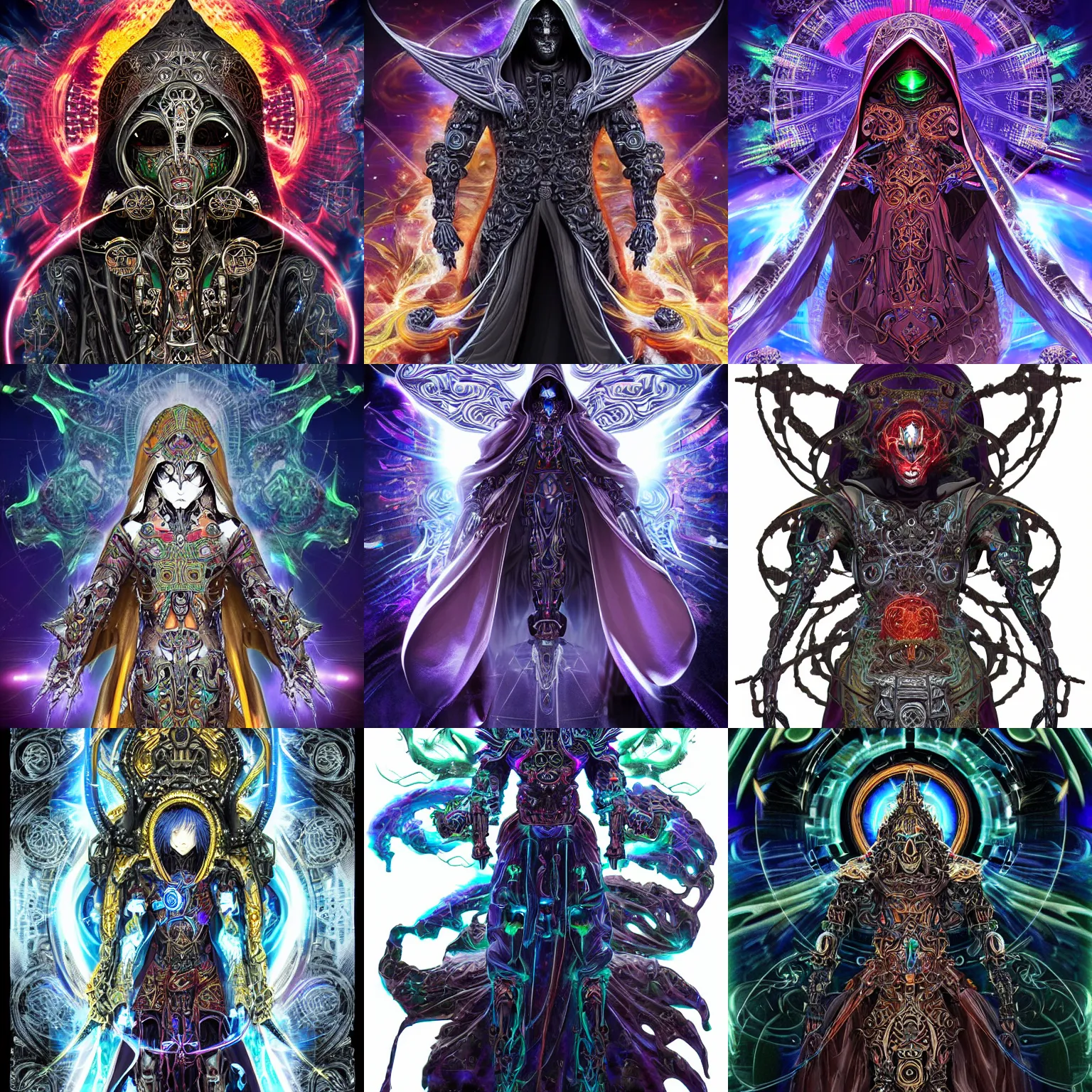 Prompt: Cloaked hooded dark complex cybernetic biomechanical entity with a human face, intricate ornate anime CGI style, rich colour and detail, powerful unstoppable deity brandishing an iridescent cosmic weapon
