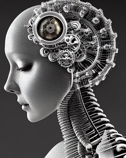 Image similar to mythical black and white organic bio-mechanical spinal ribbed profile face portrait detail of silver mechanical beautiful female angelic-queen-vegetal-cyborg, highly detailed, intricate steampunk flower and diamonds and gemstones ornate, poetic, 3D render, digital art, octane render, 8K artistic photography, photo-realistic, by Dora Maar