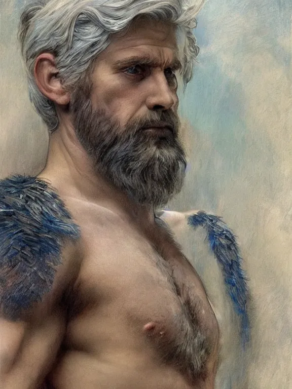 Prompt: painted portrait of rugged odin, god of wisdom, norse god, white hair, masculine, mature, handsome, upper body, blue and silver, muscular, hairy torso, fantasy, intricate, muscular, elegant, highly detailed, digital painting, artstation, concept art, smooth, sharp focus, illustration, art by gaston bussiere and alphonse mucha