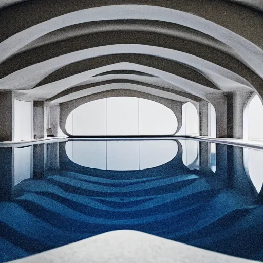 Image similar to a dimly lit underground pool made of white stone, rounded roof, curved architecture, surreal, liminal, eerie, minimalist, photo,