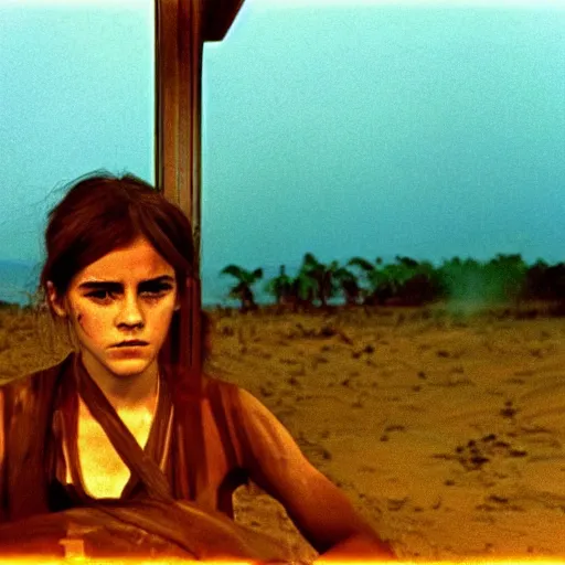 Image similar to film still, extreme far view, emma watson vietnam door gunner, film still from apocalypse now ( 1 9 7 9 ), 2 6 mm, kodak ektachrome, blue tint expired film,