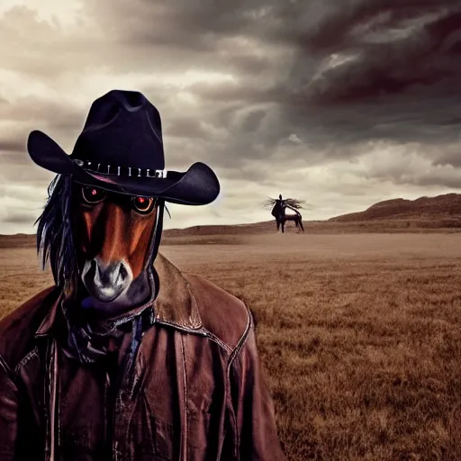 Prompt: cyborg horse with cowboy hat, post-apocalyptic background, portrait