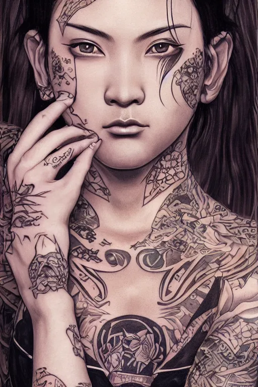 Image similar to portrait of yakuza girl with tattoo, highly detailed, marvel comics, dark, digital painting, artstation, concept art, smooth, sharp focus, illustration, art by Gustav Klimt