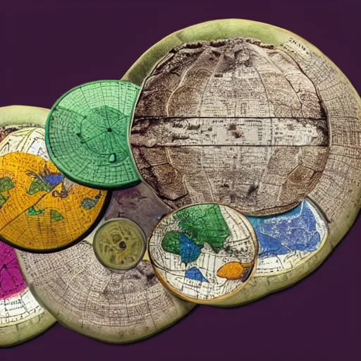 Prompt: a stack of turtles, turtles stacked beneath a round disc with a map of earth, side view