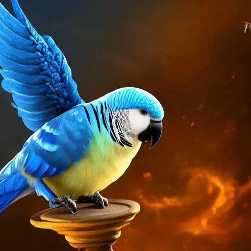 Image similar to an oil painting of a blue budgie with dragon wings, hd, hdr, ue 5, ue 6, unreal engine 5, cinematic 4 k wallpaper, 8 k, ultra detailed, high resolution, artstation, award winning