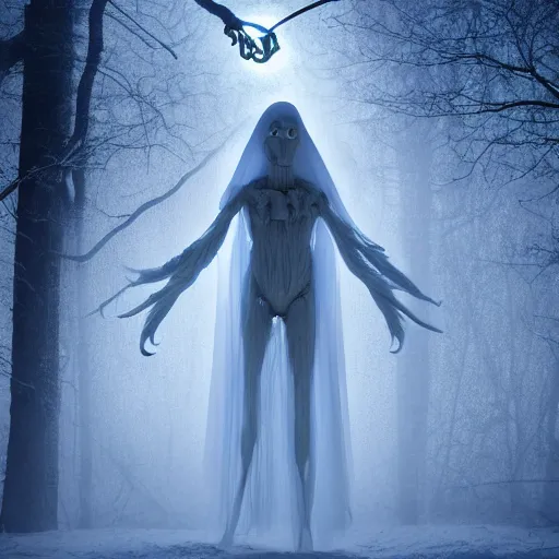 Image similar to humanoid ethereal ghostly live action muppet wraith like figure with a lightbulb for a head with two arms and four long tentacles for arms growing from its back that flow gracefully at its sides while it floats around the frozen woods searching for lost souls and that hide in the shadows in the trees, this character can control the ice, snow, shadows, and electricity, it is a real muppet by sesame street, photo realistic, real, realistic, felt, stopmotion, photography, sesame street, corpse bride tim burton