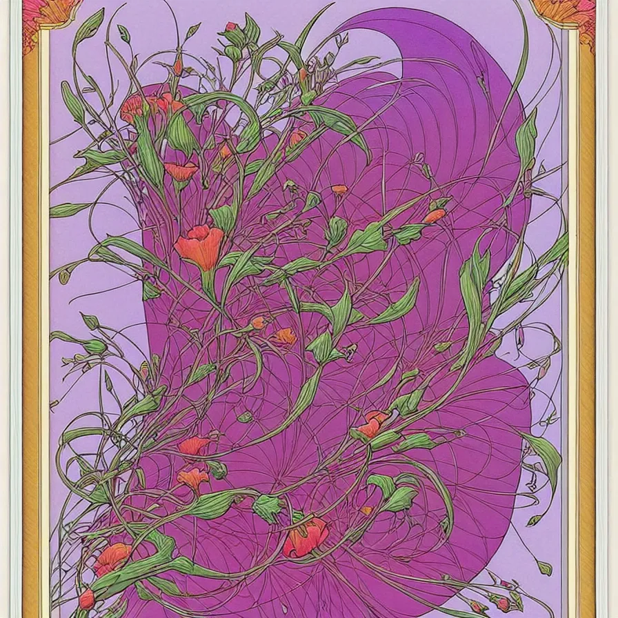 Image similar to ( ( ( ( beautiful flowers with decorative frame design ) ) ) ) by mœbius!!!!!!!!!!!!!!!!!!!!!!!!!!!, overdetailed art, colorful, artistic cd jacket design