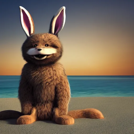 Prompt: a photorealistic adorable fierce furry monster with long floppy rabbit ears chubby body and wolf legs with stubby claws, Smiling at the camera with a mischievous grin, happy lighting, at a tropical beach