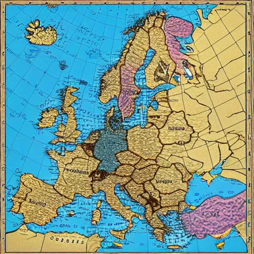 Prompt: map of europe but everything is off, style of a fantasy map