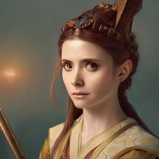 Image similar to a highly detailed portrait of buffy the vampire slayer as a medieval chinese prince, beautiful detail and color, art by john collier and albert aublet and krenz cushart and artem demura and alphonse mucha, volumetric lighting, octane render, 4 k resolution, trending on artstation, masterpiece