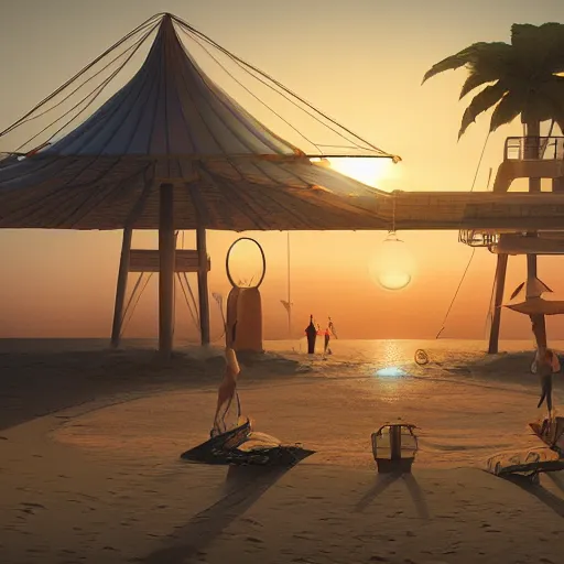 Prompt: solarpunk beach at sunset trending on artstation