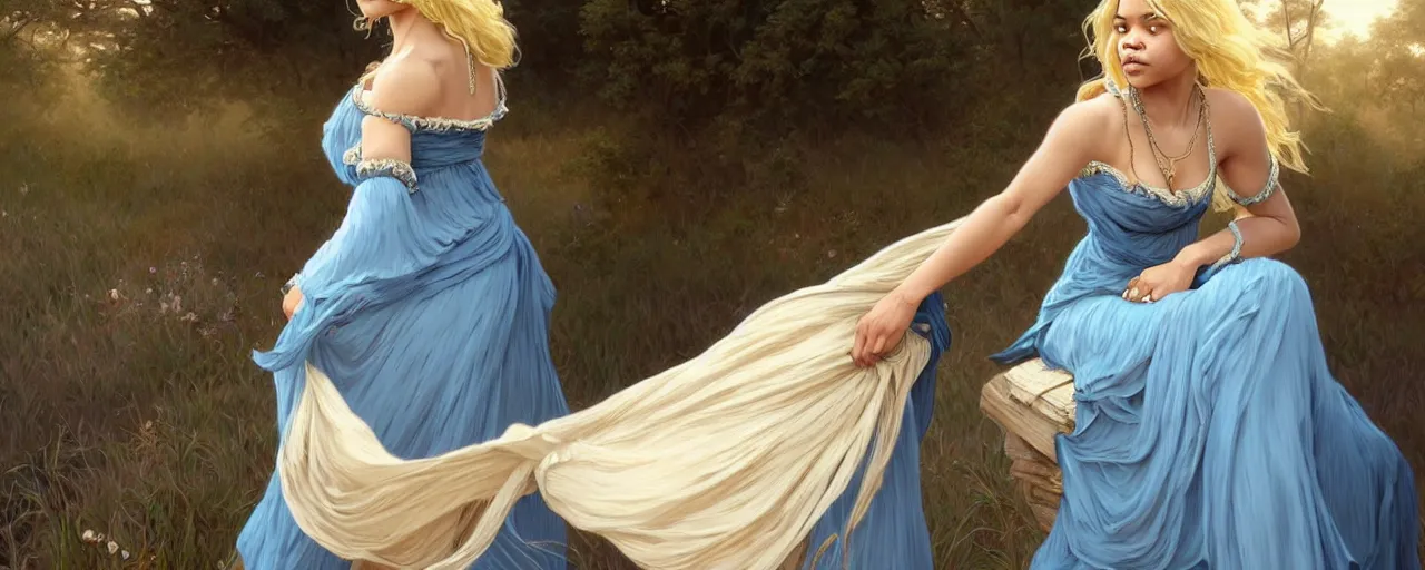 Image similar to full figure ultra realistic illustration, tessa thompson wearing a maiden blue dress, blonde flowy hair, old west, intricate, elegant, highly detailed, digital painting, artstation, concept art, smooth, sharp focus, illustration, art by artgerm and greg rutkowski and alphonse mucha