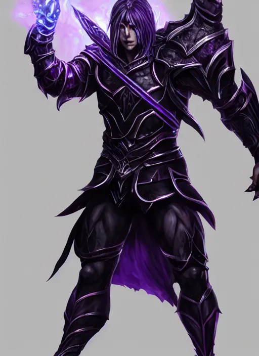 Prompt: Half-body of a muscular elven knight in black and purple armour with black. Swords are levitating beside him. In style of Hyung-tae Kim and Greg Rutkowski, concept art, trending on ArtStation, Korean MMORPG, over-detailed art, 8K, epic, dynamic lightning, dramatic pose.
