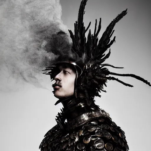 Prompt: a portrait of a beautiful young male wearing an alexander mcqueen armor made of smoke , photographed by andrew thomas huang, artistic