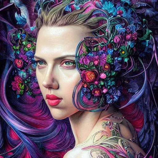 Image similar to portrait of scarlett johansson, hyper detailed masterpiece, neon floral pattern, jean giraud, digital art painting, darkwave goth aesthetic, psychedelic, artgerm, donato giancola and tom bagshaw