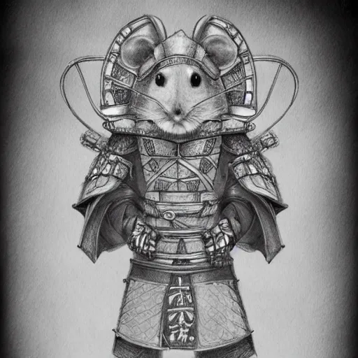 Image similar to a hamster wearing samurai armor. pencil drawing. concept art. filigree drawing.