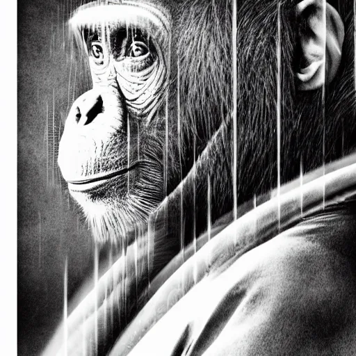 Prompt: double exposure portrait of a astronaut and chimpanzee posing, pencil art, high definition, dynamic lighting