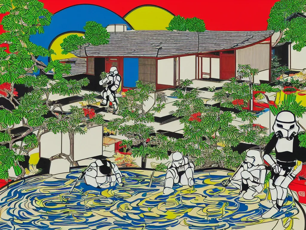 Image similar to detailed composition of the japanese home with a garden and a pond, 2 stormtroopers sitting around it, pop - art style, jacky tsai style, andy warhol style, roy lichtenstein style, rich palette, acrylic on canvas