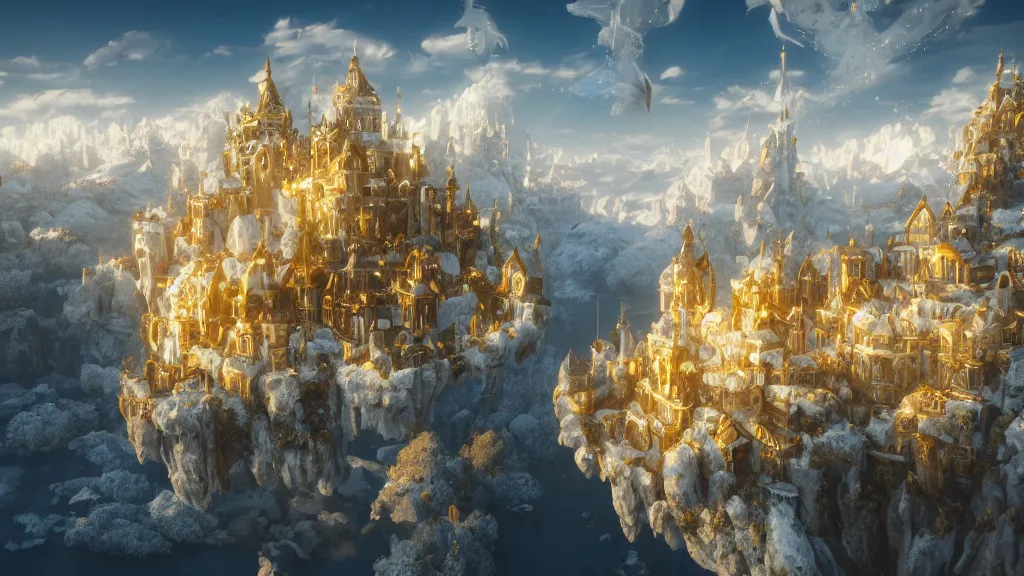 Prompt: a snow white and golden city flying with a floating island, sky island, white, pure white and gold, fantasy artwork, very very very beautiful scenery, hd, hdr, ue5, ue6, unreal engine 5, cinematic 4k wallpaper, 8k, ultra detailed, high resolution, artstation, award winning