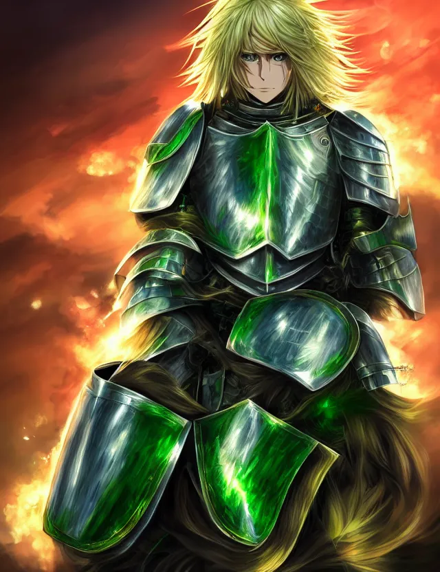 Image similar to an excellent anime portrait of a long haired blonde man with blue eyes in green plate armour glowing with green energy, trending on artstation, digital art, 4 k resolution, detailed, high quality, sharp focus, hq artwork, coherent, insane detail